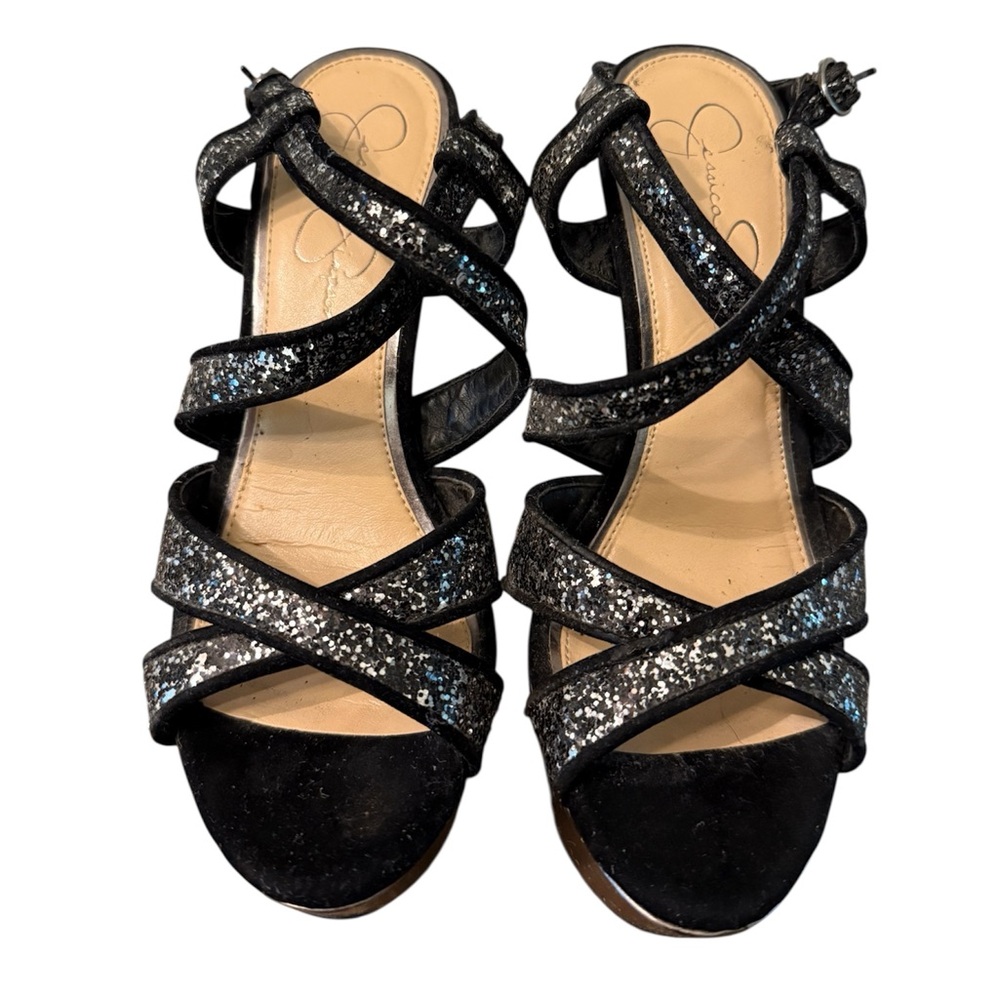 Jessica Simpson Black and Silver Strappy Platform Dress Sandals